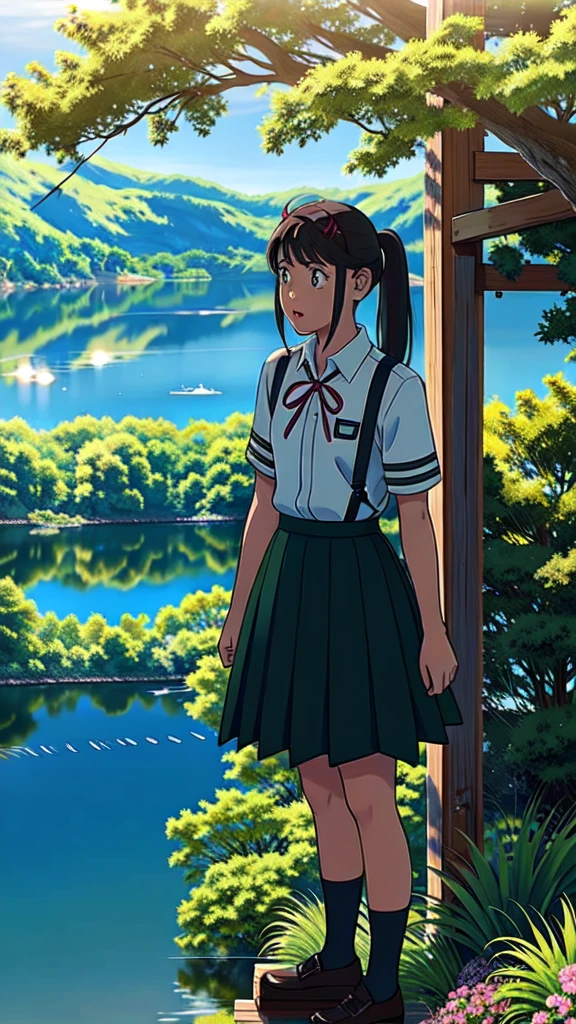 suzu_me, 1 girl, (standing), (gaze:1.2), full body, brown eyes, black hair, hair clip, single drill, red ribbon, short sleeved school uniform, (green school skirt), outdoors, (rays:1. 2), (sun:1.2), (blue sky:1,) Bridge of trees, (Flowers:1.1), (Lake:1.2), (Mountain:1.2), (City:1.2), Lawn, Trees, from above,