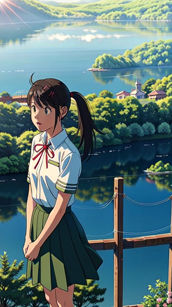 suzu_me, 1 girl, (standing), (gaze:1.2), full body, brown eyes, black hair, hair clip, single drill, red ribbon, short sleeved school uniform, (green school skirt), outdoors, (rays:1. 2), (sun:1.2), (blue sky:1,) Bridge of trees, (Flowers:1.1), (Lake:1.2), (Mountain:1.2), (City:1.2), Lawn, Trees, from above,