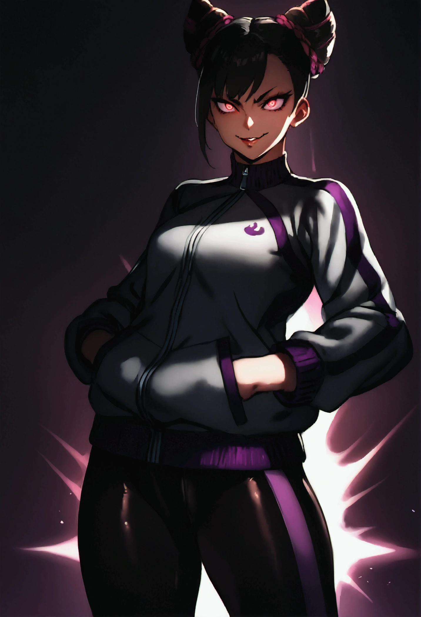 beautiful young fitness woman with , in a gym wearing May with black pantyhose, tight white and purple gym jacket. standing alone,hair horns,red eyes glowing,Evil smile,legging preto ,labiaa,dark eye shadow,shining eyes,hands in our pockets