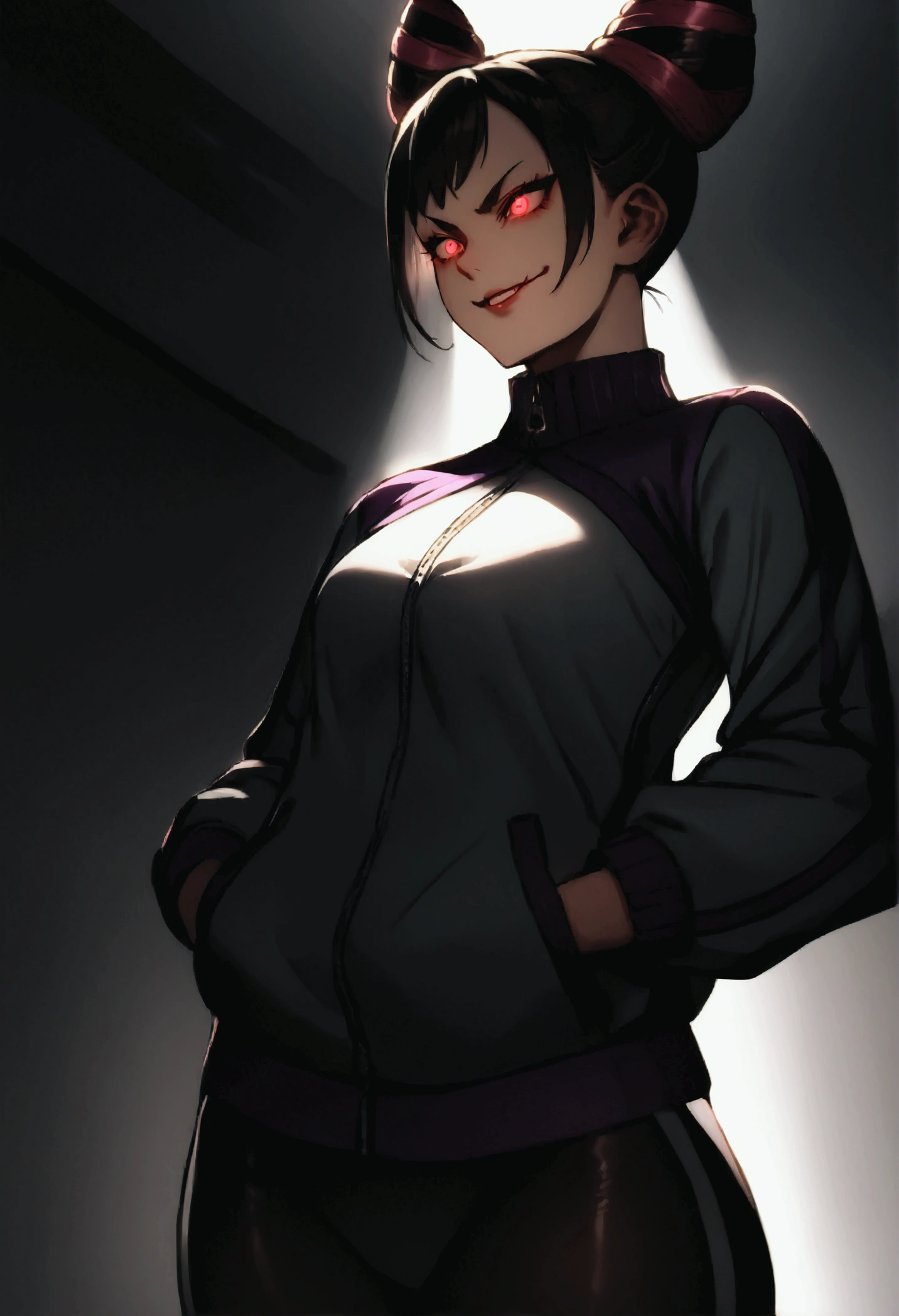 beautiful young fitness woman with , in a gym wearing May with black pantyhose, tight white and purple gym jacket. standing alone,hair horns,red eyes glowing,Evil smile,legging preto ,labiaa,dark eye shadow,shining eyes,hands in our pockets
