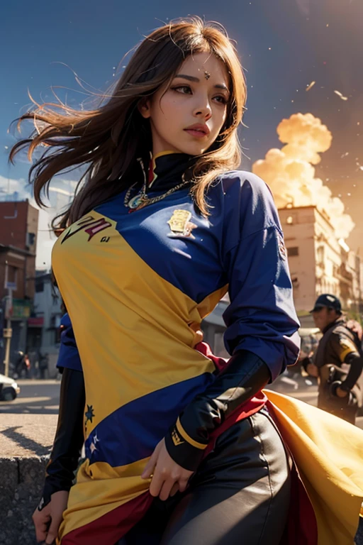 Create an image of a woman with ((Venezuela&#39;s flag)) surrounded by nature, this art needs to have fantastic lighting