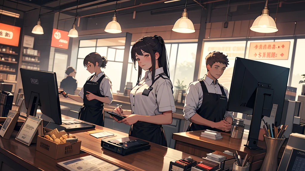 High level of image quality,Cash register,Bright,clean,Cover、Western Restaurant,Cash register,A female cashier,A girl，clerk，Merchant Clothing,masterpiece, Top quality, best quality,beautiful and aesthetic:1.2,Professional Illustration:1.1,Ultra Detailed:1.3,Perfect lighting