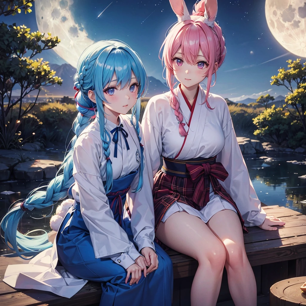 Sky blue hair, (Braided Ponytail:1.2), Pink eyes,Fair skin ,(whole body),(One Girl),Tsukimi,(White sweet dumplings ),White round dumplings,Japanese pampas grass,(beautiful, Full moon shining in the night sky),(masterpiece, Highest quality, Very detailed, Best Shadow), (Detailed Background), (Beautifully detailed face), High Contrast, (Best lighting, Very delicate and beautiful), ((Cinematic Light)), colorful, Hyper Detail,8k, Dramatic Light, Intricate details,Sit and eat dumplings while watching the moon,(Shadow of a rabbit on the moon),mysterious