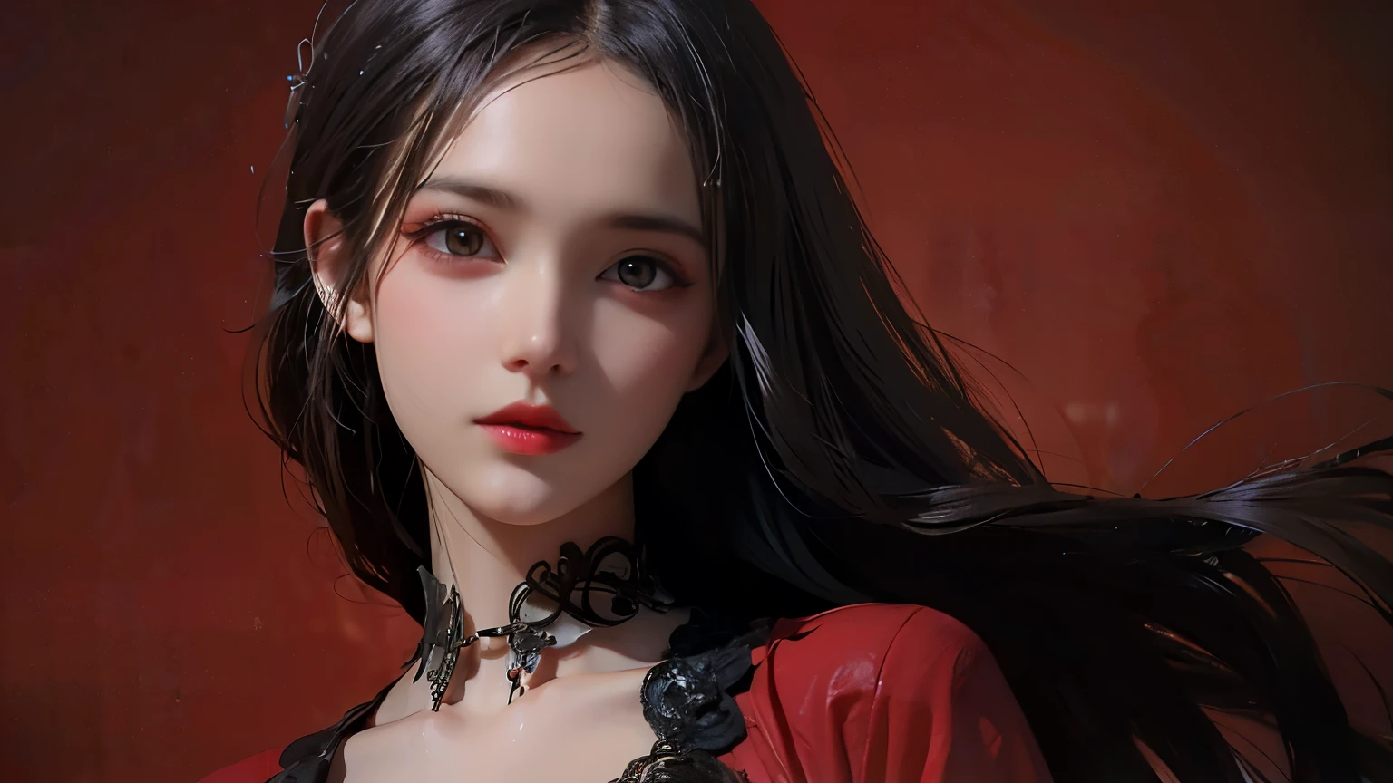 (best quality, mackerel:1.2), realistic, red dress, black hair, black eye, asian face, red theme, red background, red princess, intense gaze, intense style, Graceful posture, flowing dress, detailed facial features, long eyelashes, difference, fine details, dramatic atmosphere, Gothic, intense emotion, monochromatic color palette, fascinating setting, Unforgettable beauty, artistic photo, everything is red