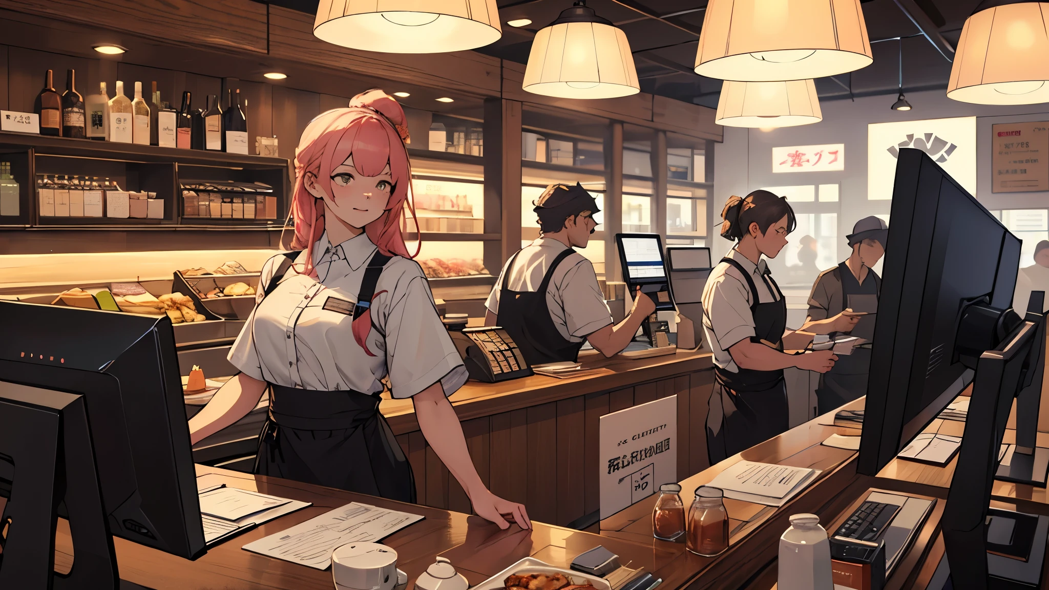 High level of image quality,Cash register,Bright,clean,Cover、Western Restaurant,Cash register,A female cashier,A girl，clerk，Merchant Clothing,masterpiece, Top quality, best quality,beautiful and aesthetic:1.2,Professional Illustration:1.1,Ultra Detailed:1.3,Perfect lighting