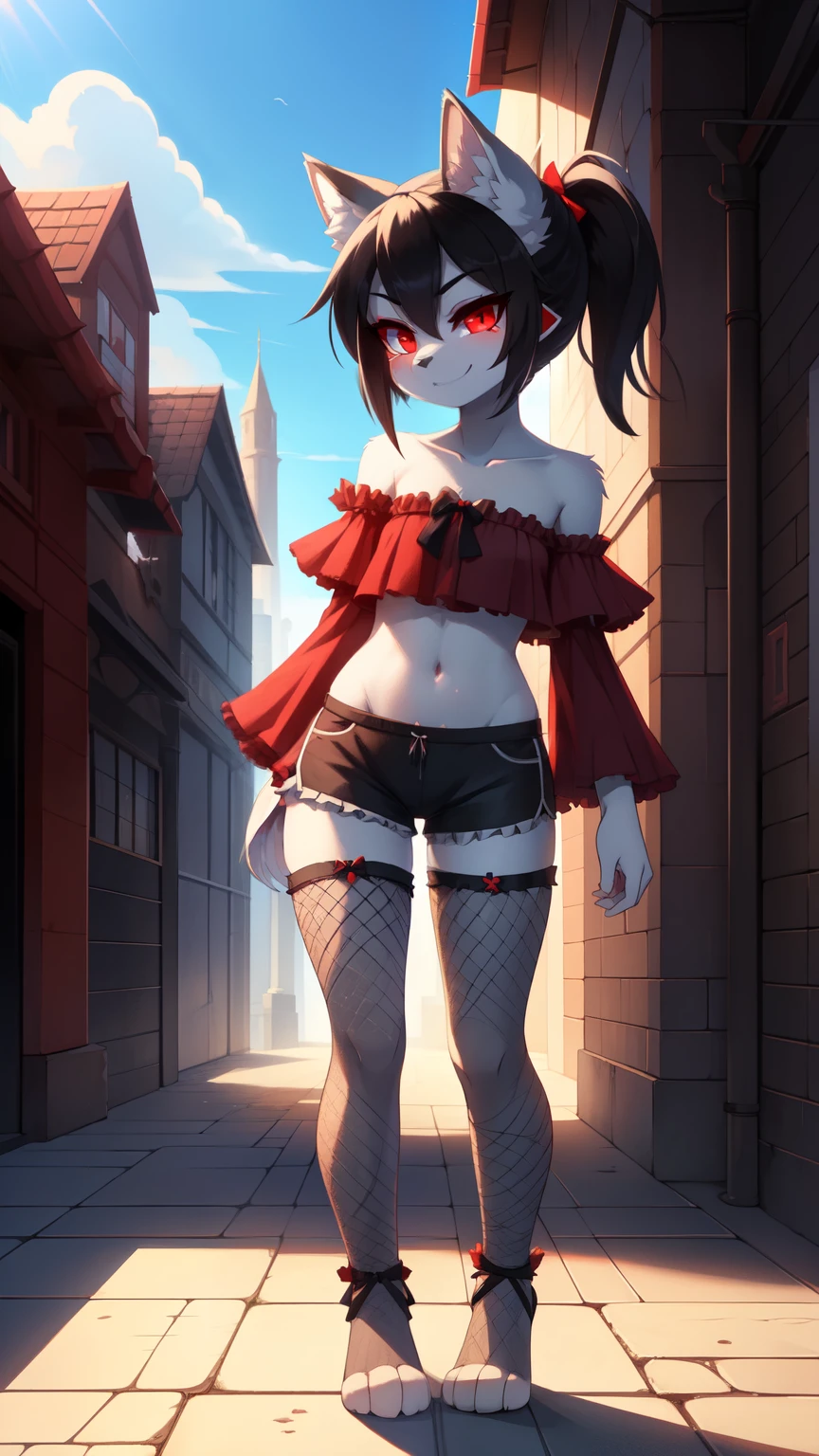 score_9,score_8_up,score_7_up, source_cartoon, source_furry, furry girl, wolf, black hair, emo hairstyle, long huge ponytail, large ponytail, anime style, small breasts, red eyes, (makeup, red eyeshadows), ((Deep red ruffled shirt, short frilly sleeves, one shoulder, midriff, black shorts, black bow on ponytail, fish net thights)), high quality, detailed body, detailed eyes, detailed face, masterpiece, glistening body, detailed body fur, best quality, (two tone body, gray body fur, white body fur), perfect lighting, perfect shadows, perfect eyes, perfect hair, perfect face, gorgeous body, skinny, :3, glowing body, glow red eyes, detailed Illumination, front Illumination, full body, feets with three toes, 3 toes, smirk, fantasy city, sunny sky, day, standing,
