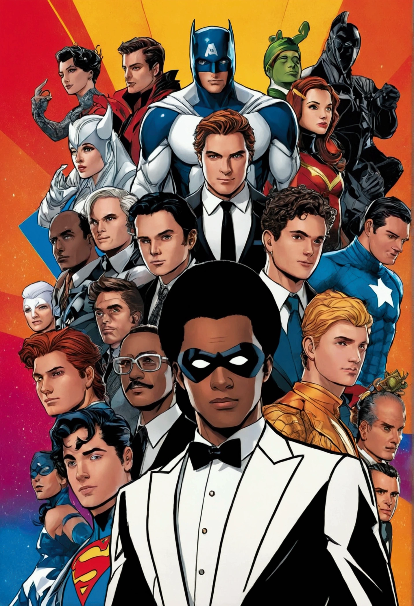 A little bit of 10 Heroes, with different costumes, the guy in the black and white suit in front, with other heroes in different colored costumes,