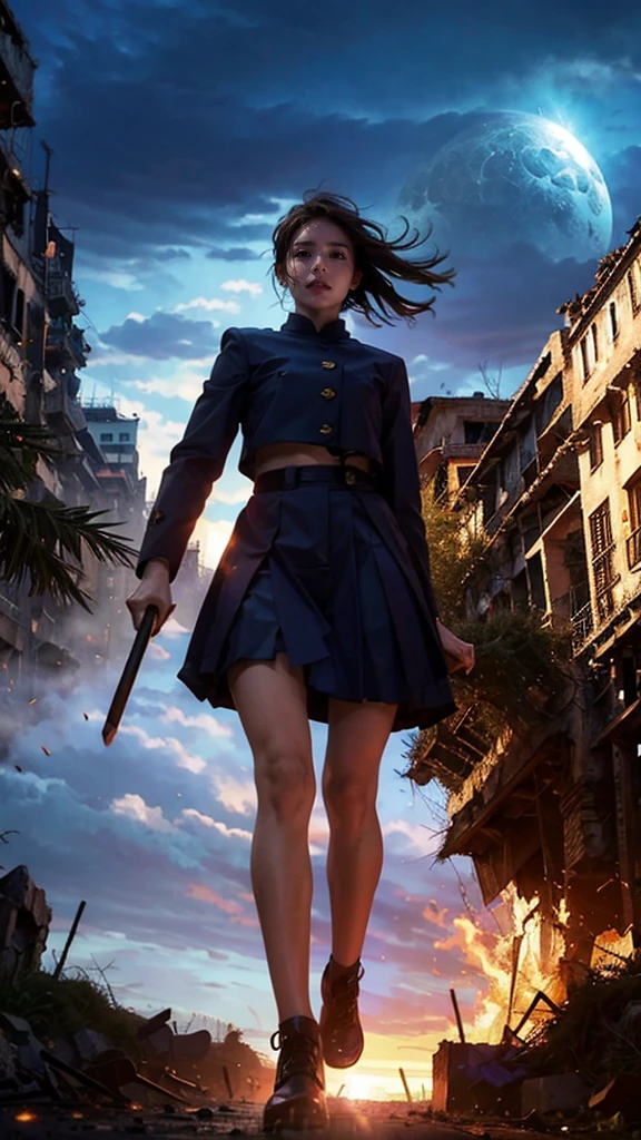 (Giantess element, high resolution, high quality, accurate body structure, detailed body),
BREAK,
Sexy, uniform, girl, looking up at approaching woman from below, cute, (Girl destroying town with magic: 1.2), mischievous expression, white skin, smiling, walking, anatomically correct, accurate human body, accurate skeleton, shock wave from girl's hand, magic shock wave,
BREAK,
Rubbish, destroyed building, collapsed highway, burning town, rubble scattered at feet, lightning-like aura, in ruined city,