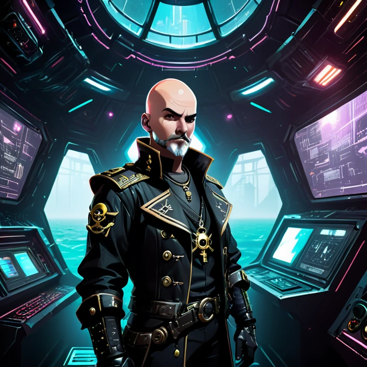 Cyberpunk pirate man captain Bald, pirate chapel , dark futuristic ship interior background, control panel