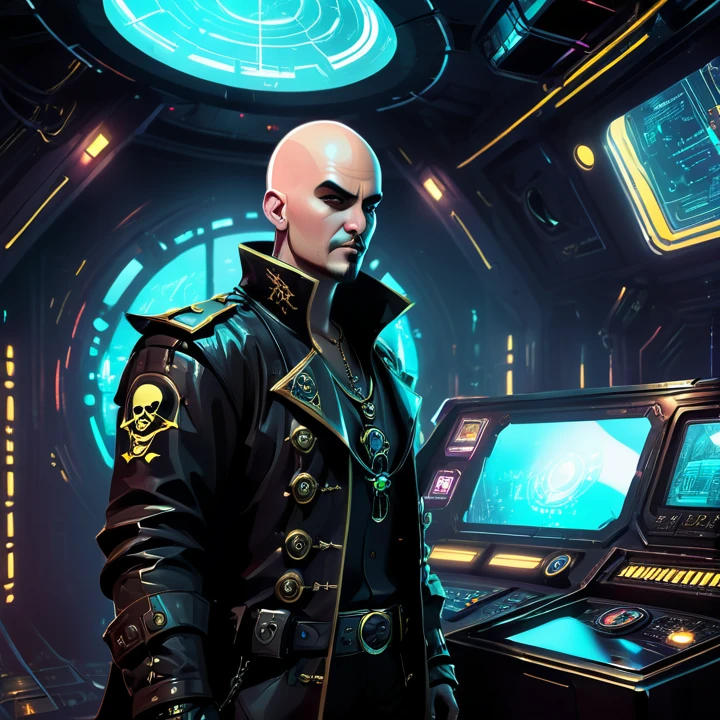 Cyberpunk pirate man captain Bald, pirate chapel , dark futuristic ship interior background, control panel