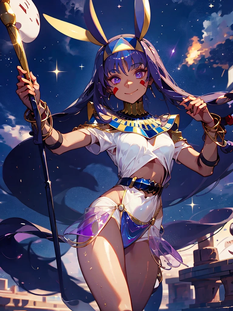 Nitocris,Nitocris(Fate), 1 girl,Highest quality,((Highest quality)),((Tabletop)),((Perfect Face)),1 girl,smile,beauty,((Holographic)),Shooting stars flow,Fantastic,Cinematic,Like the cover of a movie