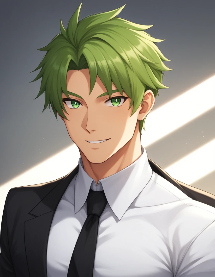 1man, veteran CIA agent, handsome mature, business hair with asymmetry bangs, narrow stubble, green platina blond hair, emerald eyes, 45yo, masculine gentleman, charming caucasian, ordinary uncle, pentagon shaped head, BREAK ideal ratio body proportions, middle weight muscular, beautiful detailed eyes, dark iris, BREAK solo, man in black suit, white shirt, black necktie, softly smile, BREAK upperlegs, dandy posing, dramatic expression, 2000s, visual novel, in newest eroge style, dutch angle, cinematic shadows, cinematic lighting, lens flare, epic scene, extreme all detailed, masterpiece, best quality, BREAK score_9, score_8_up, score_7_up, source_anime, rating_safe, score_6_up, score_5_up, score_4_up
