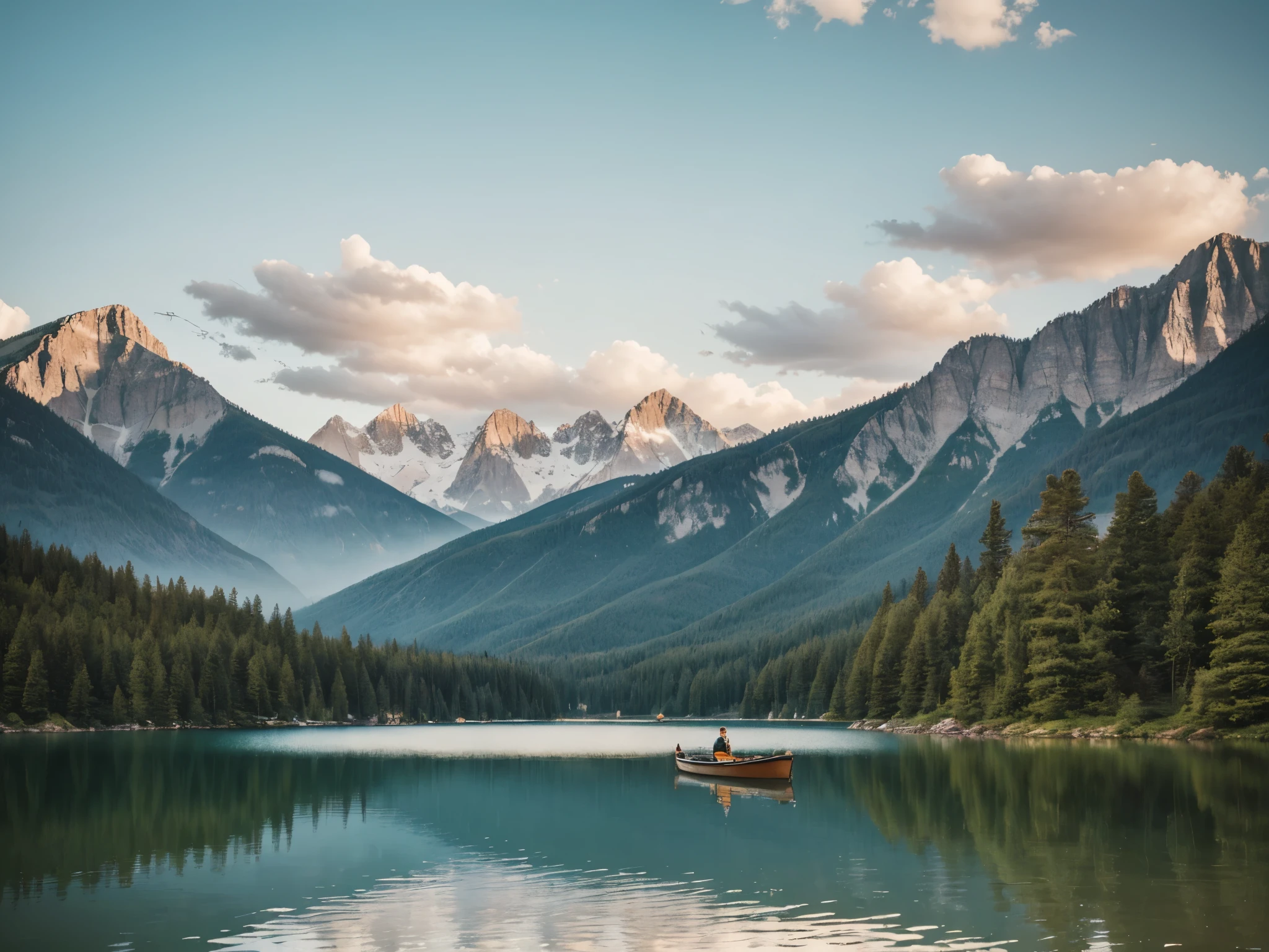 Design a vintage-style landscape painting featuring a serene lake surrounded by mountains and dense forests. Use muted colors and a slightly faded effect to enhance the vintage feel. Add an old wooden cabin by the lake and a small rowboat on the water.