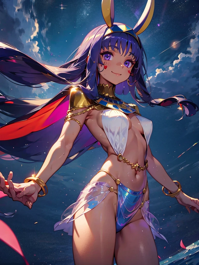 Nitocris,Nitocris(Fate), 1 girl,Highest quality,((Highest quality)),((Tabletop)),((Perfect Face)),1 girl,smile,beauty,((Holographic)),Shooting stars flow,Fantastic,Cinematic,Like the cover of a movie