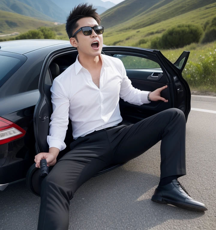 40-year-old man、Black Suit,Road in the mountains、On top of the car、mafia、Under attack、Sleeping with legs wide open、The crotch area of the pants is bulging,かなり短いShort Hair、Short Hair、Stubble,Asian handsome guy。Black socks、Equipped with a gun、Scream、Painful face、Black sunglasses Seen from below。