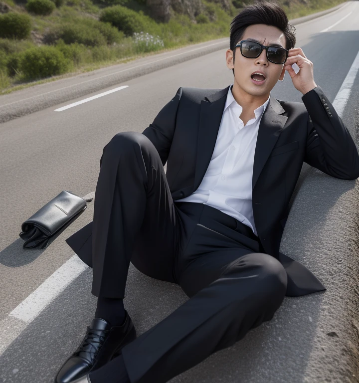 40-year-old man、Black Suit,Road in the mountains、On top of the car、mafia、Under attack、Sleeping with legs wide open、The crotch area of the pants is bulging,かなり短いShort Hair、Short Hair、Stubble,Asian handsome guy。Black socks、Equipped with a gun、Scream、Painful face、Black sunglasses Seen from below。