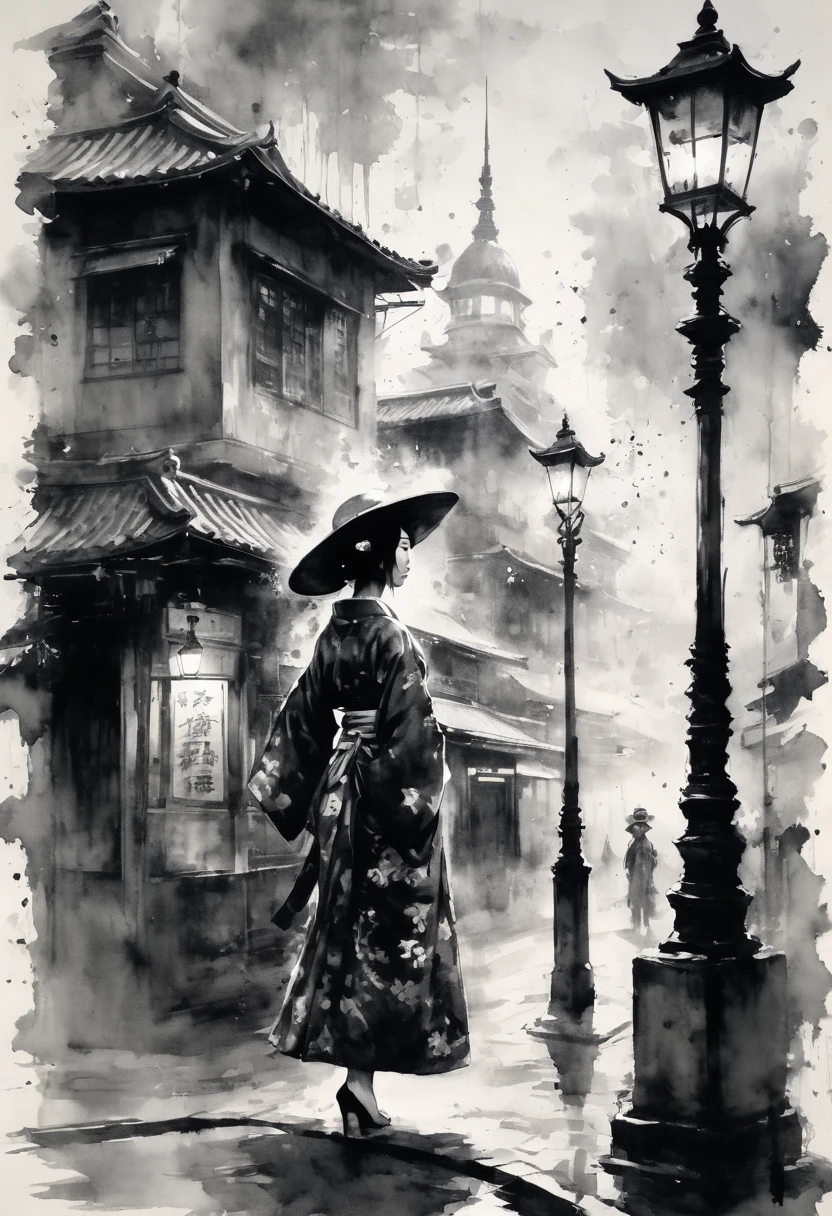 A very beautiful Japanese woman in a kimono, wearing a Stetson hat and holding a cigar, stands under an American street lamp, holding a large machine gun.　Black and white painting,Ink Painting,splash,