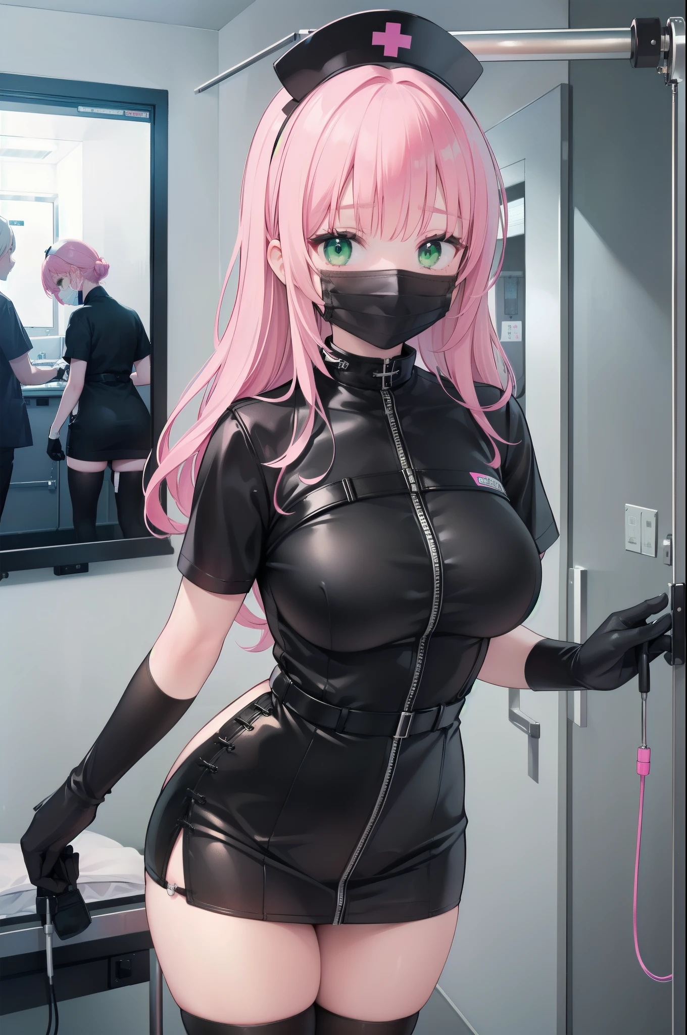 black nurse, 1girl, solo, black nurse cap, black wear, ((black legwear, zettai ryouiki)), black elbow gloves, pink hair, green eyes, drooping eyes, ((black surgical mask, covered nose)), standing, ((surgery room)), sharp outline, short sleeves, best quality, masterpiece
