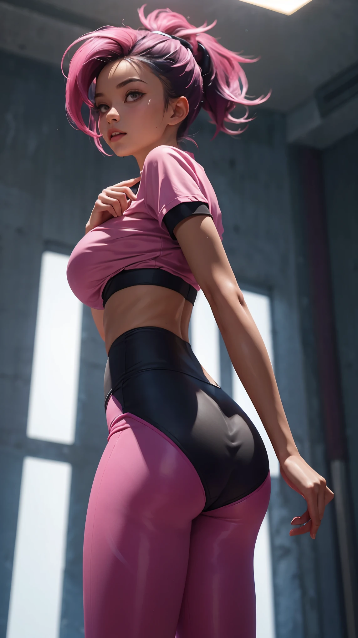 Tight underboob t shirt, tight leggings, hair pink, double ponytail,long hair, big ass, perfect breast, beautiful, sexy, slim, cute, highly detailed, deep focused image, realistic full-lenght photo,