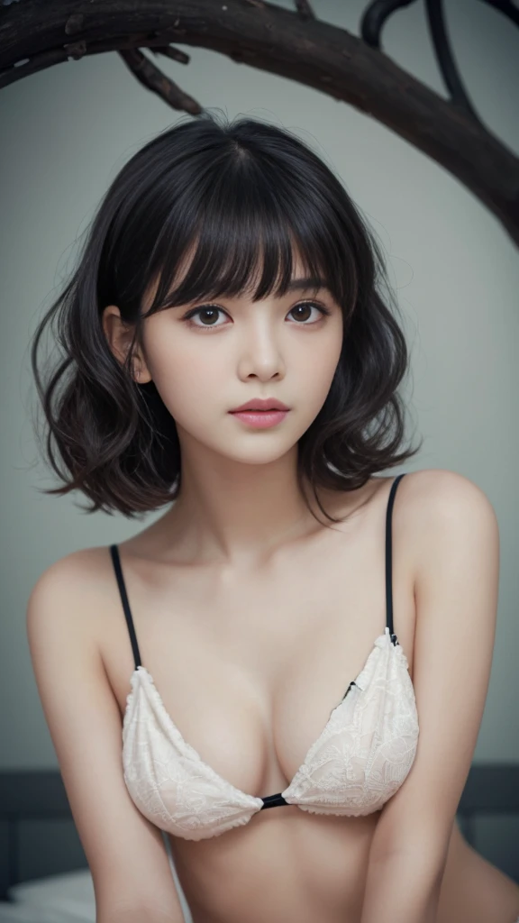Bird’s Eye View,(highest quality, Very detailed, masterpiece:1.2), 1 female, very thin body, Long, Slender legs, ((Black wavy Short Hair:1.2)), ((Thick and fluffy bangs)), Very detailedな顔,faint smile, Small, thin nose, small thin mouth, Extremely sharply focused eyes, Japanese, Beautiful Face, Realistic eyes, Beautiful and beautiful eyes, Realistic Skin, Beautiful Skin, charm, (A vivid face), Beautiful Hairstyles, Gothic design bikini, Creepy and unique hairstyles, high resolution, Vibrant color palette, Amazing place,,background,