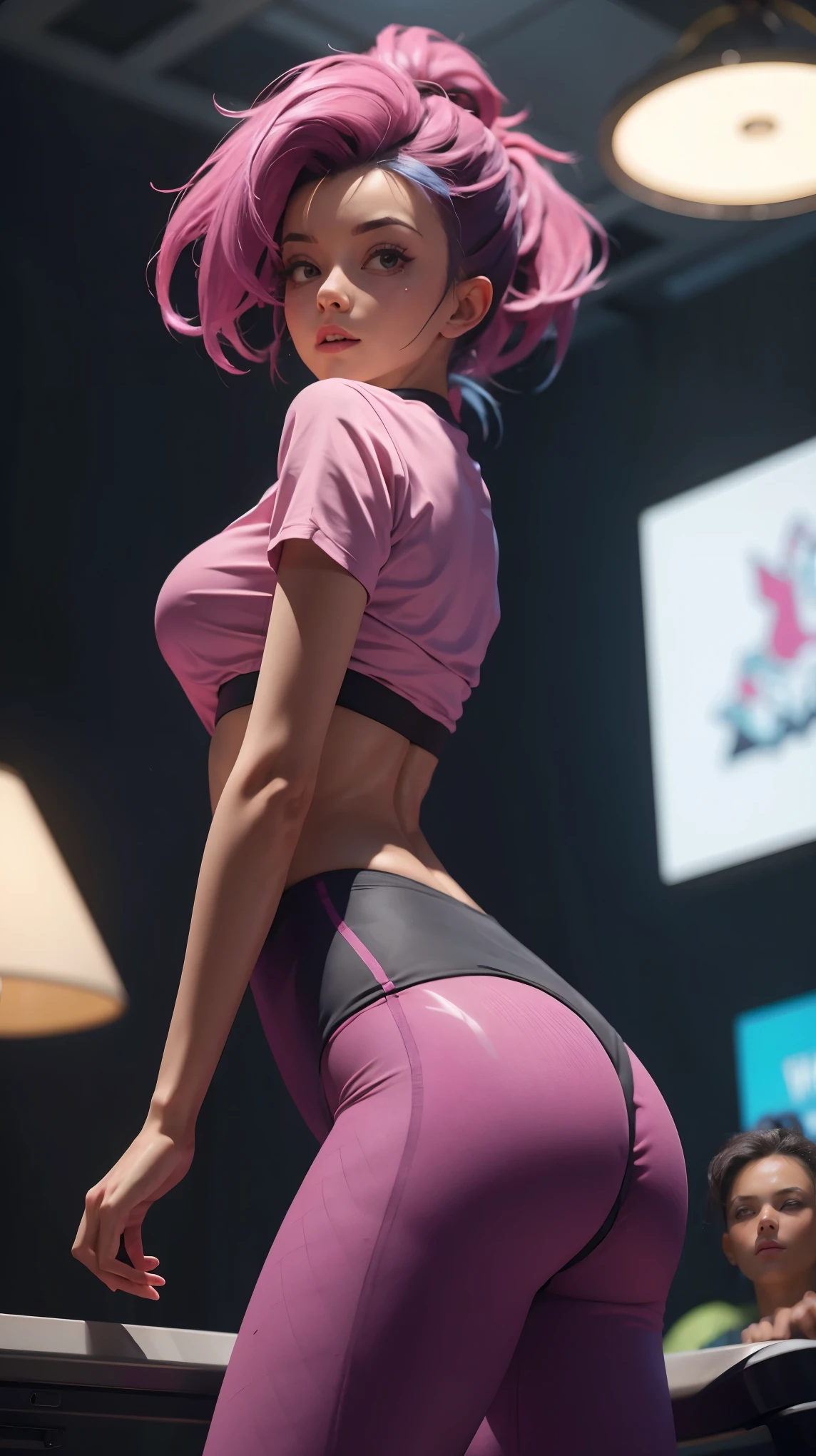 Tight underboob t shirt, tight leggings, hair pink, double ponytail,long hair, big ass, perfect breast, beautiful, sexy, slim, cute, highly detailed, deep focused image, realistic full-lenght photo,