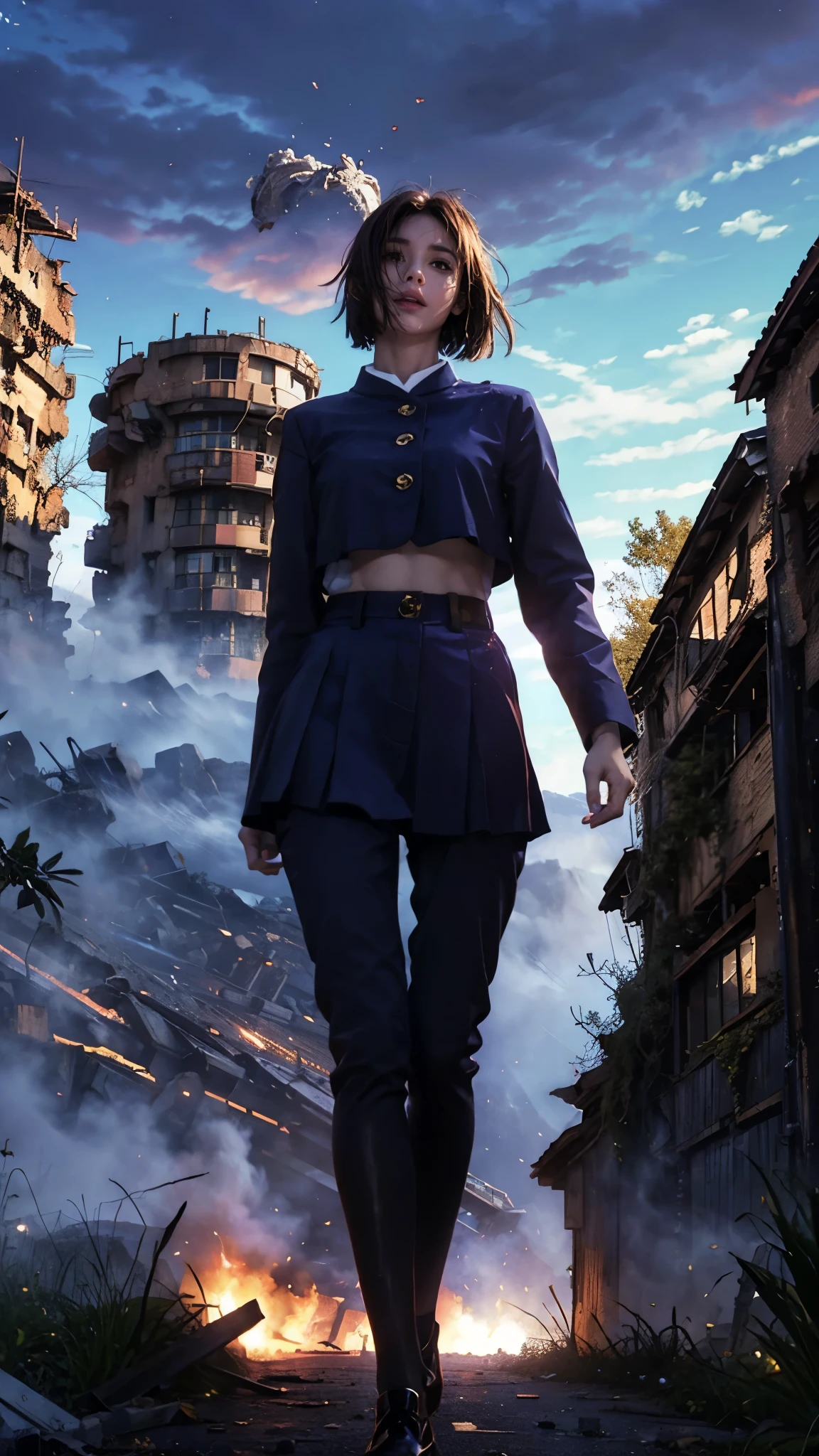 (Giantess element, high resolution, high quality, accurate body structure, detailed body),
BREAK,
Sexy, uniform, girl, looking up at approaching woman from below, cute, (Girl destroying town with magic: 1.2), mischievous expression, white skin, smiling, walking, anatomically correct, accurate human body, accurate skeleton, shock wave from girl's hand, magic shock wave,
BREAK,
Rubbish, destroyed building, collapsed highway, burning town, rubble scattered at feet, lightning-like aura, in ruined city,