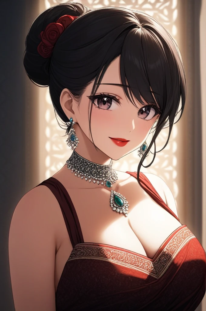 a beautiful mature woman, black jhumka earrings, big breasts, diamond necklace, saree with black printed with white design, flawless makeup, intricate detailed face, expressive eyes, alluring gaze, elegant posture, cinematic lighting, dramatic colors, (best quality,8k,highres,masterpiece:1.2),ultra-detailed,(realistic,photorealistic,photo-realistic:1.37),hair,face makeup,small eyes,hair bun,makeup, smiling,red lipstick,