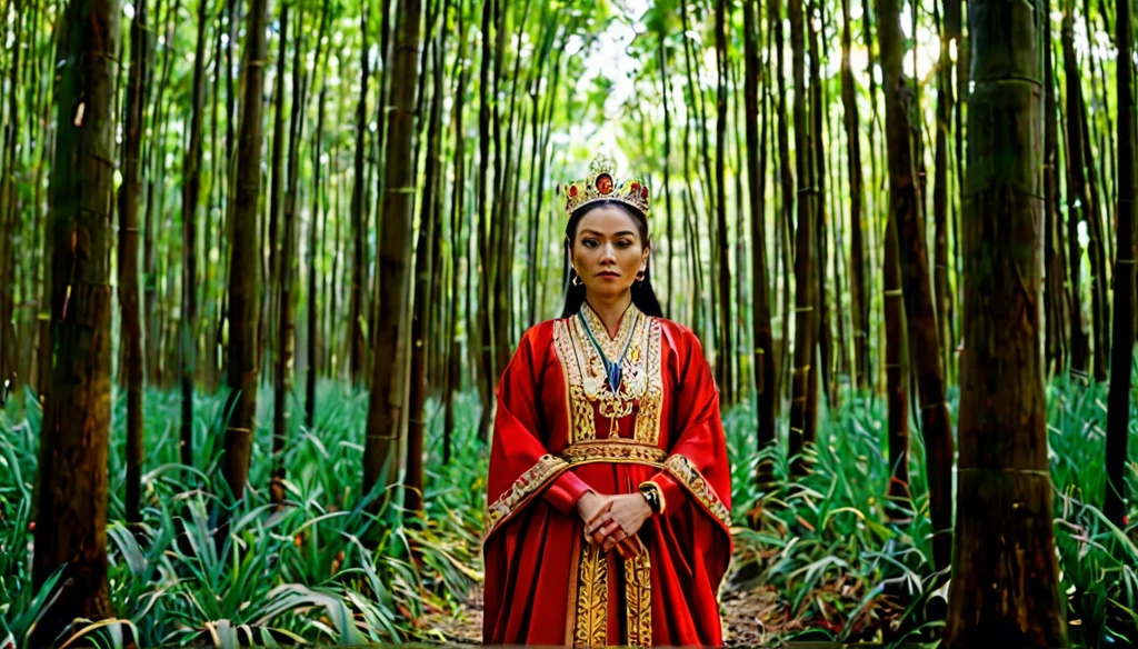 Majestic Full Body Portrait Photo of Bà Triá»u, adorned in vibrant attire symbolizing bravery and resilience, standing amidst a verdant forest, illuminated by the soft glow of morning sunlight, captured from a regal frontal angle, embodying the spirit of Vietnamese heroism and determination . 35mm photograph, film, bokeh, professional, shot by shirin neshat, 4k, highly detailed