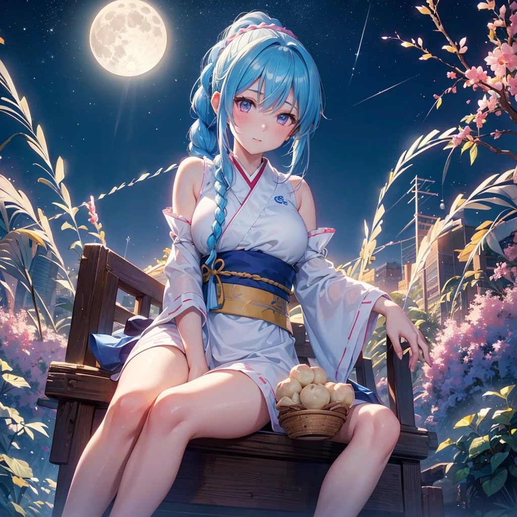 Sky blue hair, (Braided Ponytail:1.2), Pink eyes,Fair skin ,(whole body),(One Girl),Tsukimi,(White sweet dumplings ),White round dumplings,Japanese pampas grass,(beautiful, Full moon shining in the night sky),(masterpiece, Highest quality, Very detailed, Best Shadow), (Detailed Background), (Beautifully detailed face), High Contrast, (Best lighting, Very delicate and beautiful), ((Cinematic Light)), colorful, Hyper Detail,8k, Dramatic Light, Intricate details,Sit and eat dumplings while watching the moon,mysterious