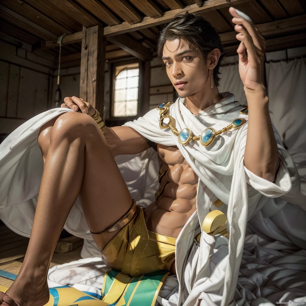 naughty man, darkskin, white robes on the shoulders, muscled body, white wide pants, (Ozymandia fate), fighting capoeira with your hands on the floor, kicking a sexy little elf, shorth hair, blonde and bright, yellow medieval costume