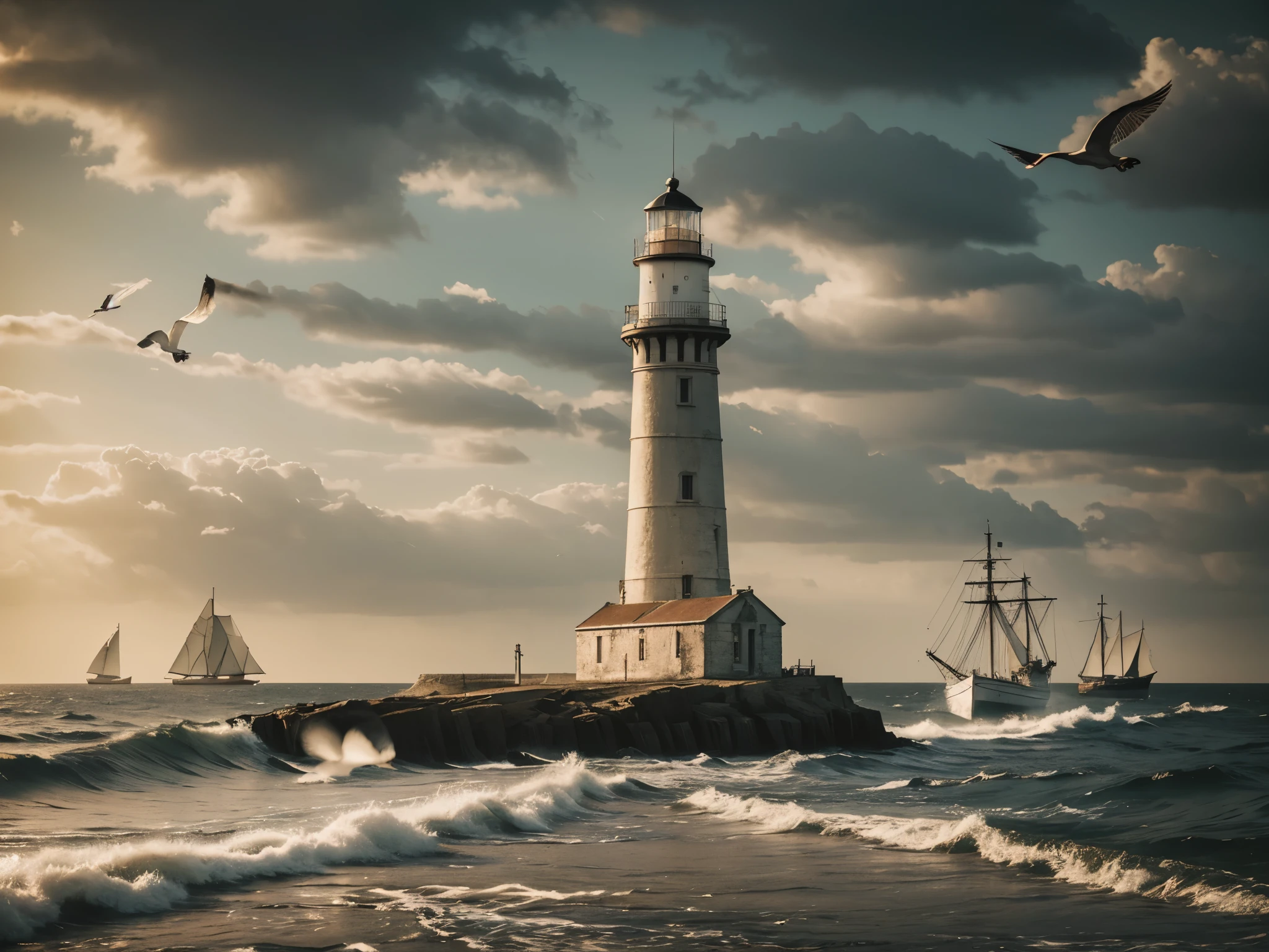a coastal scene with a lighthouse, old sailing ships, seagulls flying in the sky, sepia tone, vintage print, detailed, high quality, photorealistic, hdr, 4k, intricate details, dramatic lighting, atmospheric, textured, muted colors, moody, cinematic