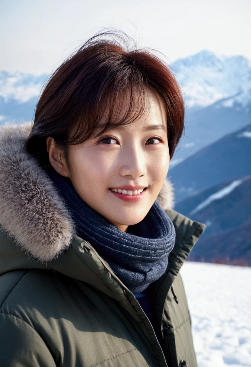 beautiful korean girl、Inspired by Kim Ji-won, a Korean actress in her 50s, A beautiful woman like a movie star, Canon camera 16-35 wide angle lens shows waist, goose down parka. thick muffler、short medium hair, gray muffler, Switzerland&#39;s Jungfrau snowfield can be seen in the distance, Small wrinkles appear around the eyes. Smiling slightly