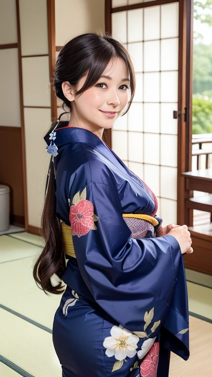 Mature attractive sexy woman,50 years old, ((kimono)),((Navy Blue))、(((kimono))),Shut、((Big Bra))((Big Breasts:1.1)),(Facial wrinkles:1.3),light makeup,Light brown hair,Long Hair,(Full body photo:0.85),(Emphasize big buttocks),8k, RAW Photos, Highest quality, Laughter,masterpiece,Highest quality、A kind smile、A captivating gaze、Random Hairstyles、Japanese-style room、Shoji Screen、lanthanum、