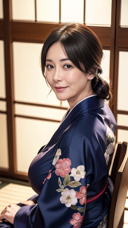 Mature attractive sexy woman,50 years old, ((kimono)),((Ultramarine))、(((kimono))),Shut,((Big Breasts:1.2)),(Facial wrinkles:1.3),light makeup,Light brown hair,Long Hair,(Full body photo:0.85),(Emphasize big buttocks),8K, RAW Photos, Highest quality, Laughter,masterpiece,Highest quality、A gentle smile、A gaze that seduces viewers、Random hairstyle、Japanese-style room、Shoji Screen、lanthanum、