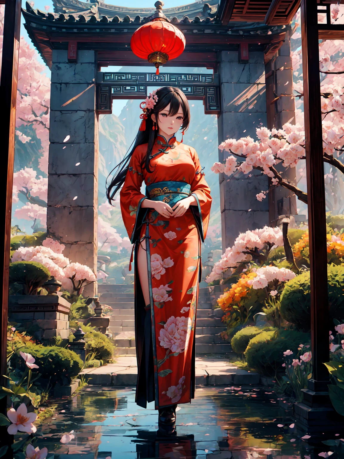 a beautiful girl in traditional chinese dress, long black hair, delicate facial features, porcelain skin, graceful posture, standing in an ancient chinese garden with cherry blossom trees, vibrant colors, cinematic lighting, detailed ornate architecture, mystical and elegant atmosphere, (best quality,4k,8k,highres,masterpiece:1.2),ultra-detailed,(realistic,photorealistic,photo-realistic:1.37),cinematic composition,dramatic lighting,intricate details,vibrant colors,breathtaking scenery,traditional chinese art