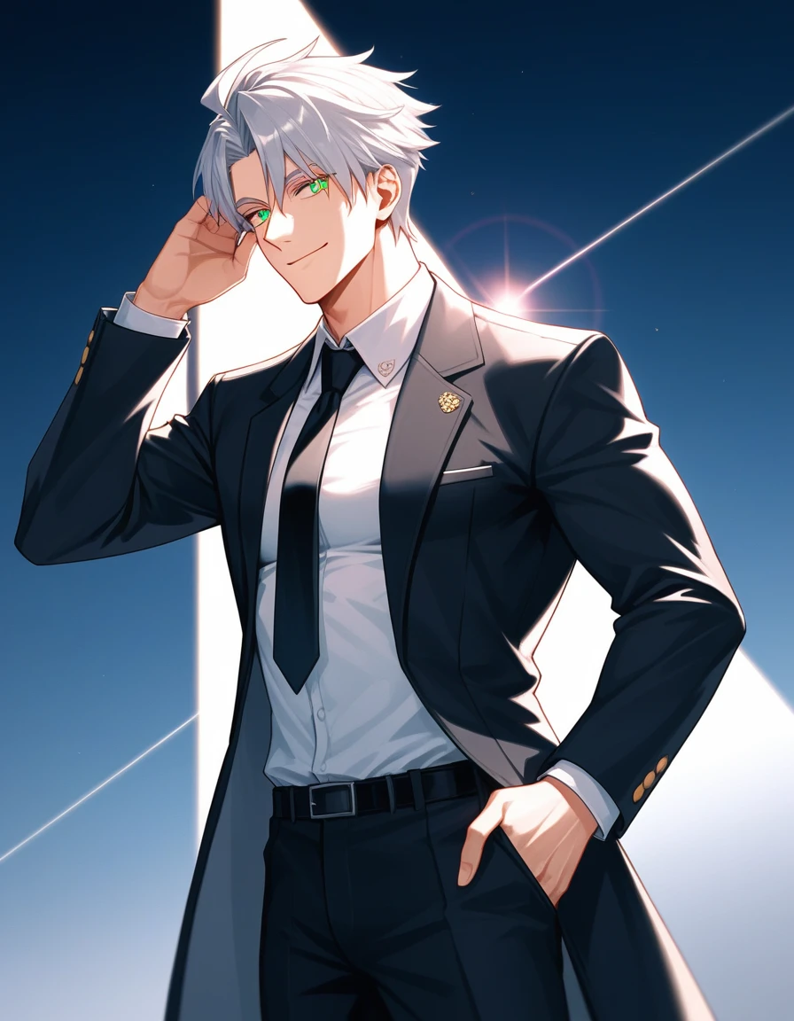 1man, veteran CIA agent, handsome mature, business hair with asymmetry bangs, narrow stubble, platina blond hair, emerald eyes, 45yo, masculine gentleman, charming caucasian, ordinary uncle, pentagon shaped head, BREAK ideal ratio body proportions, middle weight muscular, beautiful detailed eyes, dark iris, BREAK solo, man in black suit, white shirt, black necktie, softly smile, BREAK upperlegs, dandy posing, dramatic expression, 2000s, visual novel, in newest eroge style, dutch angle, cinematic shadows, cinematic lighting, lens flare, epic scene, extreme all detailed, masterpiece, best quality, BREAK score_9, score_8_up, score_7_up, source_anime, rating_safe, score_6_up, score_5_up, score_4_up