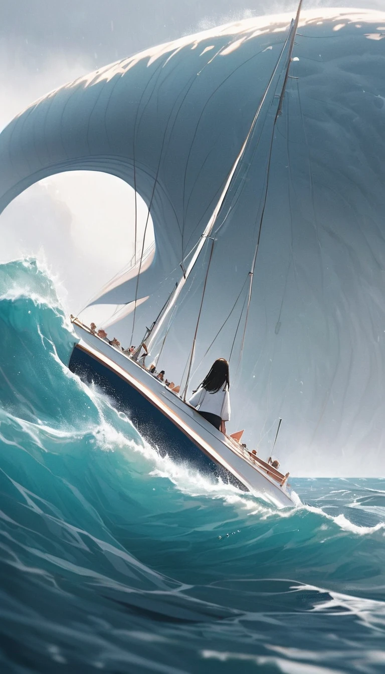 A gigantic, freckled Chinese girl looms out of the ocean on a foggy day, her monstrously huge, yet feminine & dainty hand--replete with tastefully white painted nails--lurches towards the sailboat, about to pick it up out of the ocean entirely. ⁠
⁠
The crew of the sailboat, only out for a leisurely cruise, can do naught but helplessly watch as the freakishly enormous girl's massive hand slowly draws closer and closer to their sailboat--now feeling utterly puny in her presence, and hope she will be merciful with them today.⁠
⁠
Moments ago, this sailboat seemed massive, nearly unstoppable, and totally free to explore the ocean. Now, it is moments away from being turned into little more than a bath toy, along with all the tiny people onboard, held and inspected by this massive, undeniably beautiful, Chinese girl.