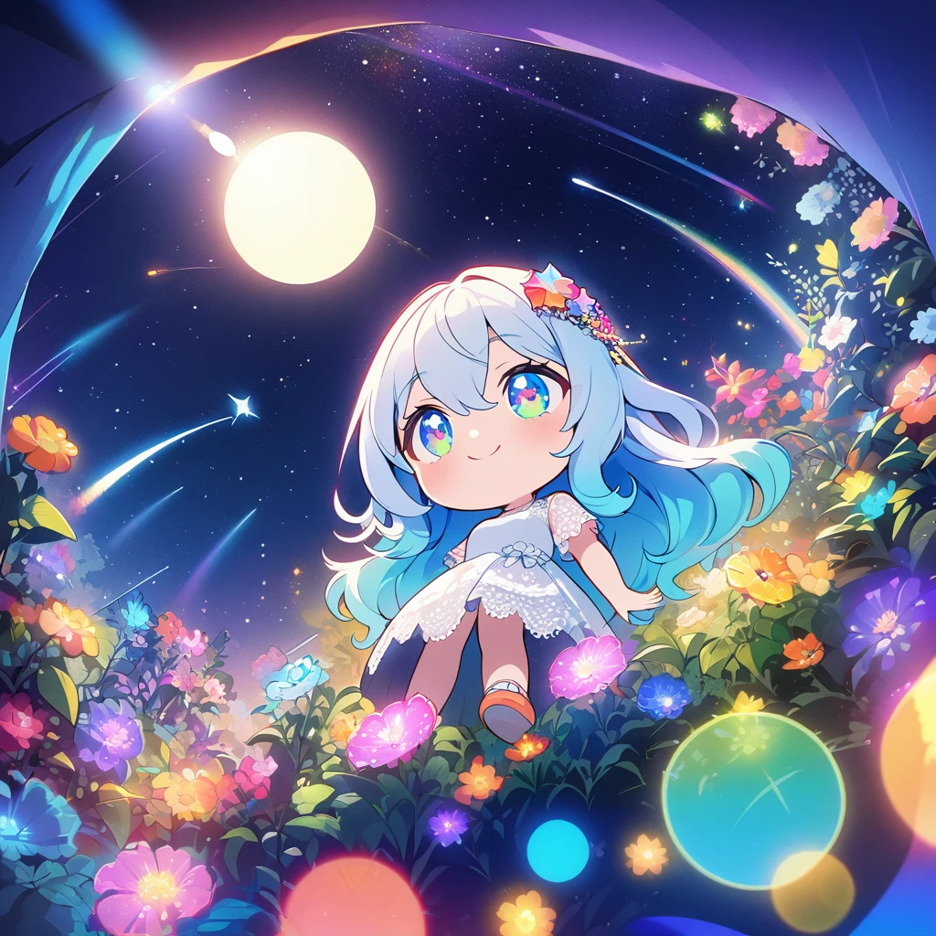 Masterpiece, top quality, 4k, ((2D illustration)), one beautiful girl, solo, ((vivid colors)), (((chibi style))), ((long beautiful hair)), glossy light blue hair, gradient hair color, cute, beautiful detailed eyes, hair between eyes, ((hair ornament)), ((lacy short sleeve dress)), short socks, cute shoes, cool colors, ((full body shot)), ((joyful smile)), ((looking up at the night sky)), ((shooting stars)), ((lots of colorful stuff around)), ((garden)), ((night)), ((view from below)), (((lens flare))), white light, ((starry sky)), sparkle