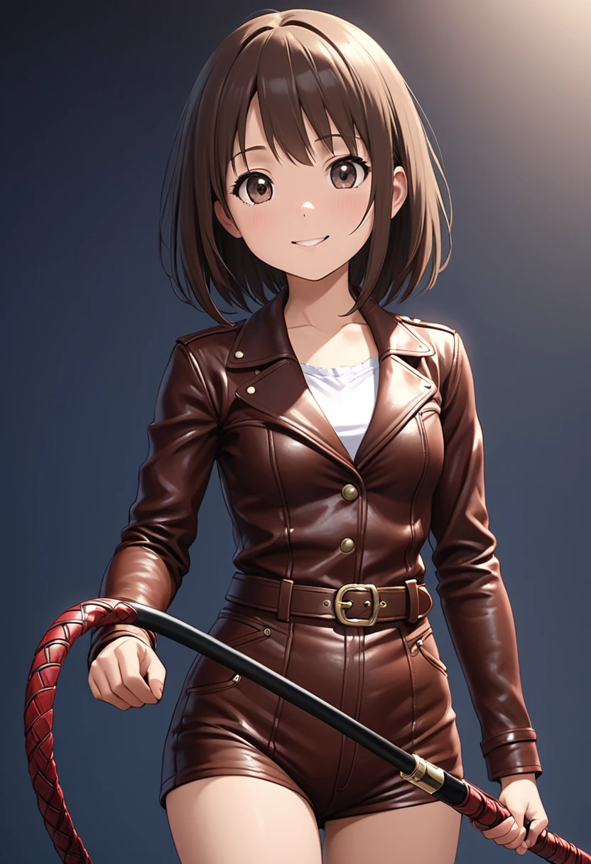 (((Pixel Perfect,Perfect in every detail))), A girl around ,smile,Leather costume,NSWF,A cute leather whip,whip,cinematic,whipを手に持っている,