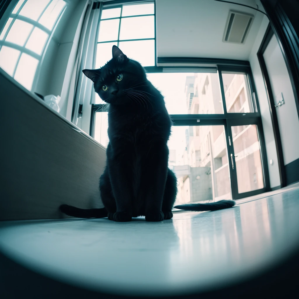 one, Big fluffy black cat, solo, Fisheye Lens, Establishing Shot, Pastel Color Grading, Depth of field cinematography effect, Film Noir Genre, 8k resolution, high quality, Super detailed