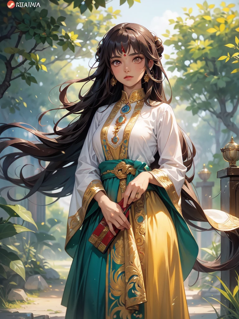 A powerful Hindu Sanatani woman, resplendent in traditional attire, stands majestically amongst the sacred Neem trees, surrounded by sacred religious scripts and ornate temple artifacts, giving off an air of serene resilience within the Anime & Comic Book style.