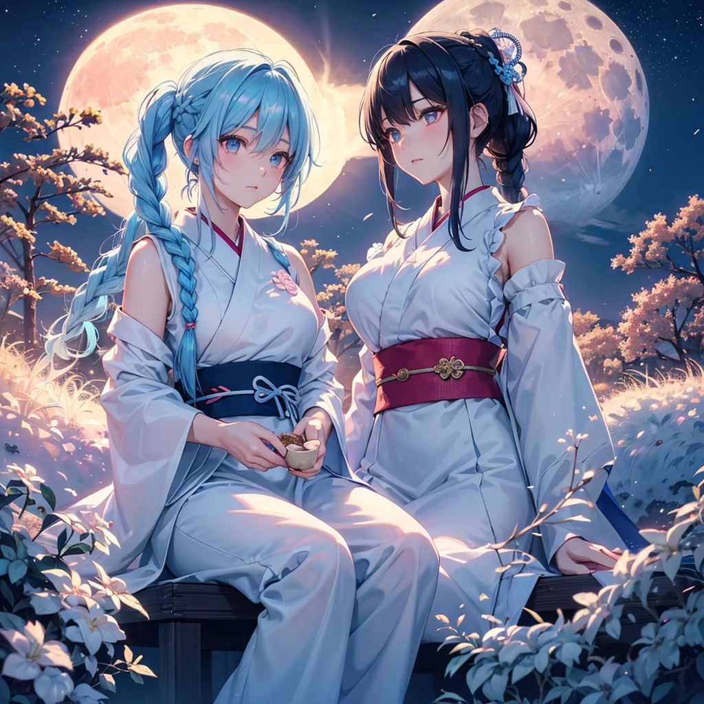 Sky blue hair, (Braided Ponytail:1.2), Pink eyes,Fair skin ,(whole body),(One Girl),Tsukimi,(White sweet dumplings ),White round dumplings,Japanese pampas grass,(beautiful, Full moon shining in the night sky),(masterpiece, Highest quality, Very detailed, Best Shadow), (Detailed Background), (Beautifully detailed face), High Contrast, (Best lighting, Very delicate and beautiful), ((Cinematic Light)), colorful, Hyper Detail,8k, Dramatic Light, Intricate details,Sit and eat dumplings while watching the moon,mysterious