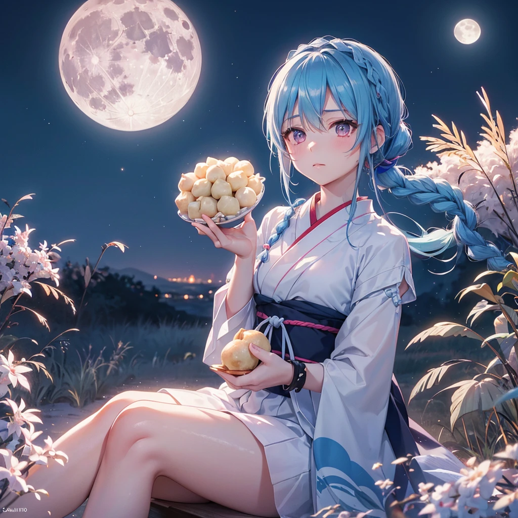 Sky blue hair, (Braided Ponytail:1.2), Pink eyes,Fair skin ,(whole body),(One Girl),Tsukimi,(White sweet dumplings ),White round dumplings,Japanese pampas grass,(beautiful, Full moon shining in the night sky),(masterpiece, Highest quality, Very detailed, Best Shadow), (Detailed Background), (Beautifully detailed face), High Contrast, (Best lighting, Very delicate and beautiful), ((Cinematic Light)), colorful, Hyper Detail,8k, Dramatic Light, Intricate details,Sit and eat dumplings while watching the moon,mysterious