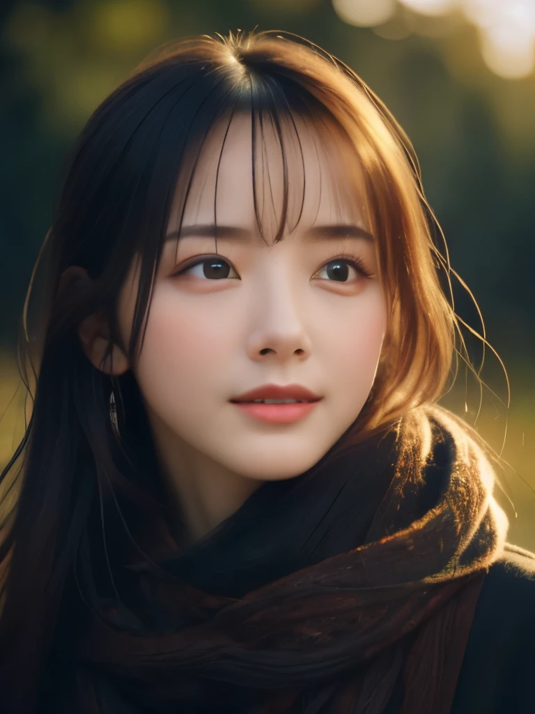 8K, best quality, masterpiece, realistic, ultra detail, photo realistic, Increase quality, 
a photo of a girl standing in a field with a scarf, in the style of dark and brooding designer, voluminous mass, photobash, serene faces, jagged edges, navy, natural beauty, 
