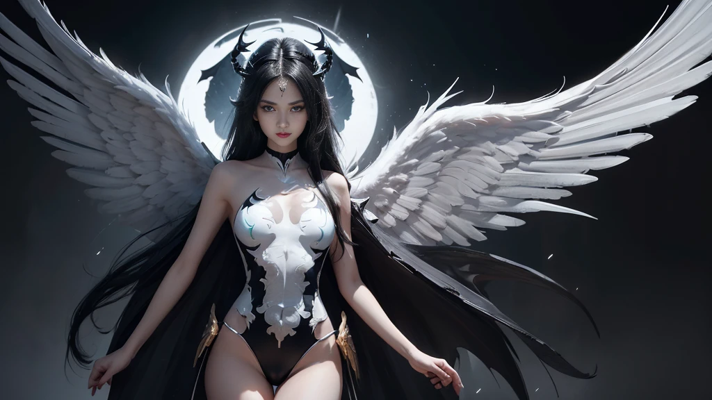 emphasis on wings, wings on shoulder, Angel wings and devil wings, white wings and black wings, (Realistic picture, highest resolution, 16ก), (A demon god with wide wings and enormous power on his shoulders..., Twelve wings on the shoulders., black bat wings:1.3 white angel wings:1.5), 6 angel wings, 6 devil wings, (Beautiful girl with two meter long hair, shiny black hairงาม, Smooth white skin, Lips are very red.), ((stand, already)), (big breasts, หัวBig tits), (gigantic breast, breast augmentation, Breast 400 cc., small waist, hips raised, small thighs, Long legs), (dynamic poses), (Armor that slightly conceals the body), Separate theme, (Angel wings and devil wings), floating in the air above the groundดิน, background darkness, Embraced with twelve wings, The horns that grow from the head are like a crown., He who has light, wears little armor, There is power coming out of the body., sparkling wings, white light black light, amazing wings, beautiful gesture, 8K resolution, Resolution 4000 x 2250 pixels, beautiful gesture, Angel wings and devil wings, (Realistic picture, highest resolution, 16K), (A demon god with wide wings and enormous power on his shoulders.., Twelve wings on the shoulders., black bat wings:1.3 white angel wings:1.5), Angel wings and devil wings, white wings and black wings,, Have wings 100 Have wings 1000, Angel wings and bat wings, wings inserted between wings, 12 wings, 6 angel wings, 6 bat wings, Angel wings and devil wings, white wings and black wings,, (Beautiful girl with two meter long hair, shiny black hair, Smooth white skin, Lips are very red.), very long hair, ((stand, toe)), (big breastsโต, หัวBig tits), (gigantic breast, small waist, hips raised, small thighs, Long legs), (dynamic poses), (black and white leotard, There are beautiful patterns., Decorated with gold embroidery., Show off your chest), Separate theme, (Angel Wings and Demon Lord Wings), floating in the air above the ground, background darkness, Embraced with twelve wings, He is white and black., A rainbow glow on the back of the head, The most busty breasts, Big tits, universe backdrop, dynamic gesture, Drive the skin, Smooth white skin, (The wings are in layers, alternating with white, alternating with black. The wings are alternating with layers of white, alternating with layers of black, and alternating again.), gold pattern set