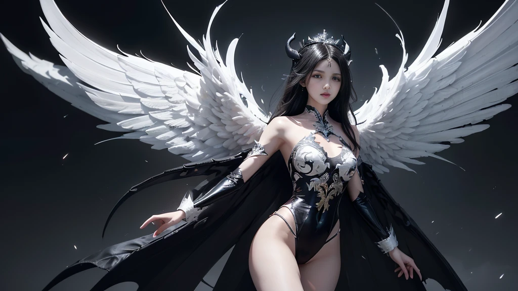 emphasis on wings, wings on shoulder, Angel wings and devil wings, white wings and black wings, (Realistic picture, highest resolution, 16ก), (A demon god with wide wings and enormous power on his shoulders..., Twelve wings on the shoulders., black bat wings:1.3 white angel wings:1.5), 6 angel wings, 6 devil wings, (Beautiful girl with two meter long hair, shiny black hairงาม, Smooth white skin, Lips are very red.), ((stand, already)), (big breasts, หัวBig tits), (gigantic breast, breast augmentation, Breast 400 cc., small waist, hips raised, small thighs, Long legs), (dynamic poses), (Armor that slightly conceals the body), Separate theme, (Angel wings and devil wings), floating in the air above the groundดิน, background darkness, Embraced with twelve wings, The horns that grow from the head are like a crown., He who has light, wears little armor, There is power coming out of the body., sparkling wings, white light black light, amazing wings, beautiful gesture, 8K resolution, Resolution 4000 x 2250 pixels, beautiful gesture, Angel wings and devil wings, (Realistic picture, highest resolution, 16K), (A demon god with wide wings and enormous power on his shoulders.., Twelve wings on the shoulders., black bat wings:1.3 white angel wings:1.5), Angel wings and devil wings, white wings and black wings,, Have wings 100 Have wings 1000, Angel wings and bat wings, wings inserted between wings, 12 wings, 6 angel wings, 6 bat wings, Angel wings and devil wings, white wings and black wings,, (Beautiful girl with two meter long hair, shiny black hair, Smooth white skin, Lips are very red.), very long hair, ((stand, toe)), (big breastsโต, หัวBig tits), (gigantic breast, small waist, hips raised, small thighs, Long legs), (dynamic poses), (black and white leotard, There are beautiful patterns., Decorated with gold embroidery., Show off your chest), Separate theme, (Angel Wings and Demon Lord Wings), floating in the air above the ground, background darkness, Embraced with twelve wings, He is white and black., A rainbow glow on the back of the head, The most busty breasts, Big tits, universe backdrop, dynamic gesture, Drive the skin, Smooth white skin, (The wings are in layers, alternating with white, alternating with black. The wings are alternating with layers of white, alternating with layers of black, and alternating again.), gold pattern set