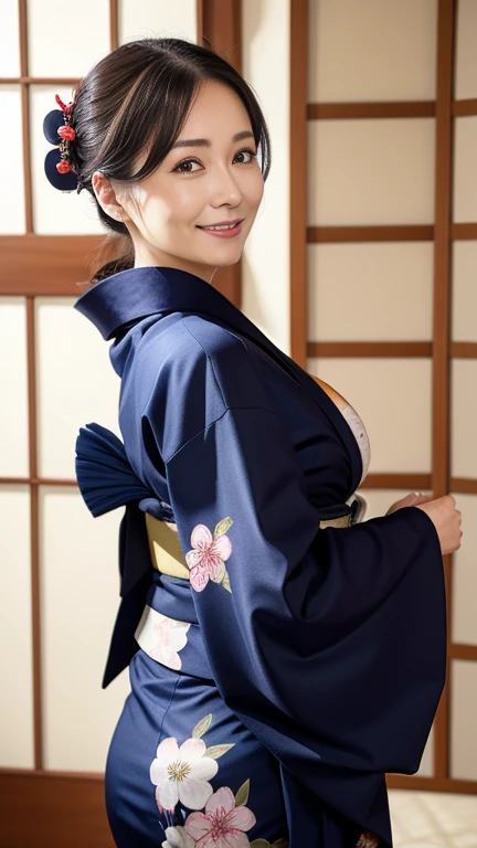 Mature attractive sexy woman,50 years old, ((kimono)),((Navy Blue))、(((kimono))),Shut、((Big Bra))((Big Breasts:1.1)),(Facial wrinkles:1.3),light makeup,Light brown hair,Long Hair,(Full body photo:0.85),(Emphasize big buttocks),8k, RAW Photos, Highest quality, Laughter,masterpiece,Highest quality、A kind smile、A captivating gaze、Random Hairstyles、Japanese-style room、Shoji Screen、lanthanum、