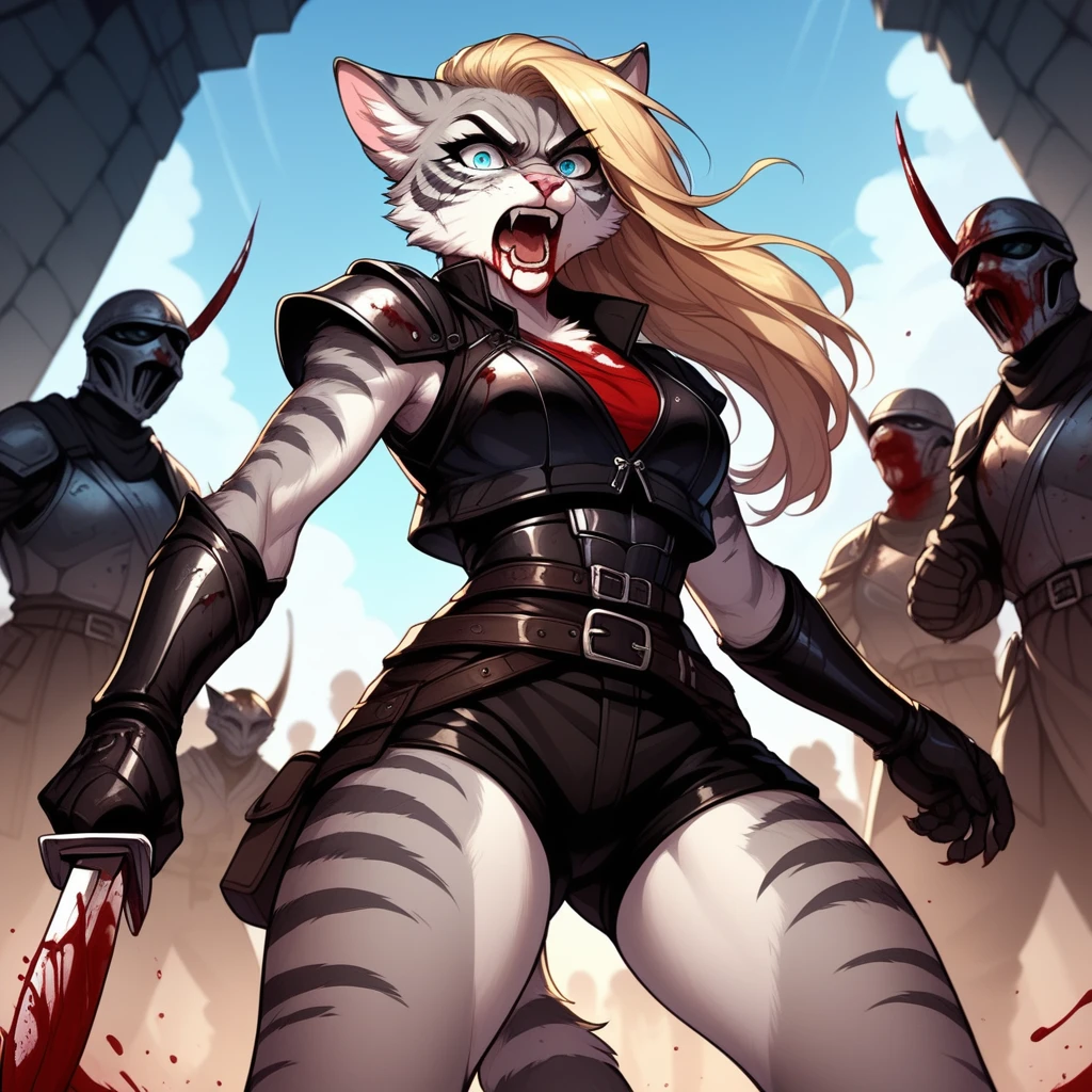 score_9,score_8_up,score_7_up, score_6_up, score_5_up, source_anime, Kat, female Anthro furry feline, silver fur, grey stripes on body, blue eyes, long blonde hair, undercut hair, one side of hair shaved, pink nose, :3, wearing black leather armor vest, black cuirass, black short shorts, holding a blood covered knife, face covered in blood, furrowed eyebrows, expressionless, soulless eyes, (bloody face), blood_covered, blood on armor, screaming, yelling, she is attacking, fighting off several enemy soldiers, on a battlefield, dynamic action, standing, low angle shot, rear view 