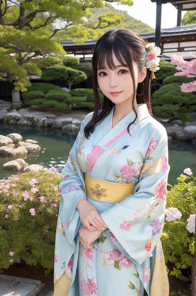 8k、High definition、Ultra Detail、Photorealistic、High resolution、Realistic and accurate depiction、Realistic and accurate human anatomy、Highest quality、Japanese women 、beautiful girl、(((JPGND))), (((kimono))), ((Highest quality、8k傑作:1.3))、(Super beautiful face:1.0)、(Glowing Skin:1.0)、Realistic photos、Perfect dynamic composition, Video Lighting、High resolutionの目と顔、1 Japanese girl, Pure beauty, cute, elegant, kimono, smile, ,A long-established inn in Kyoto, Japanese garden, Luxurious Japanese-style room, 振り返ってsmile