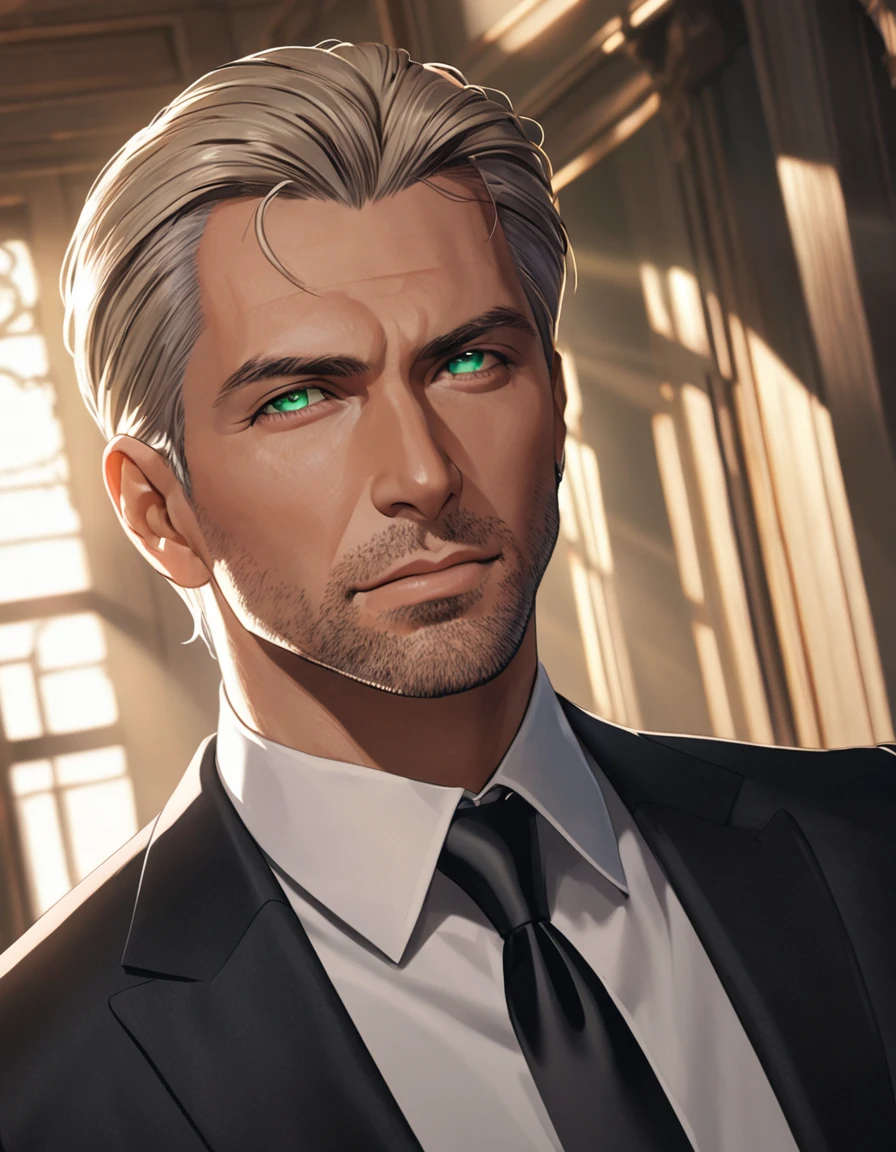 1man, veteran CIA agent, handsome mature, business hair with asymmetry bangs, narrow stubble, platina blond hair, emerald eyes, 45yo, masculine gentleman, charming caucasian, ordinary uncle, pentagon shaped head, BREAK ideal ratio body proportions, middle weight muscular, beautiful detailed eyes, dark iris, BREAK solo, man in black suit, white shirt, black necktie, softly smile, BREAK upperlegs, dandy posing, dramatic expression, 2000s, visual novel, in newest eroge style, dutch angle, cinematic shadows, cinematic lighting, lens flare, epic scene, extreme all detailed, masterpiece, best quality